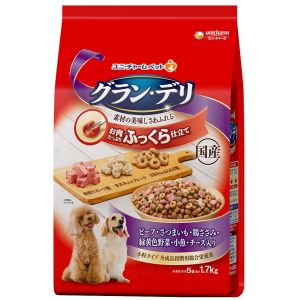 ユニチャーム Unicharm ユニチャーム グラン デリ ふっくら仕立て ビーフ さつまいも 鶏ささみ 緑黄色野菜 小魚 チーズ 角切りビーフ粒入り 1.7kg 270780