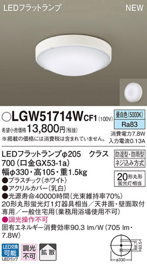  パナソニック Panasonic パナソニック LGW51714WCF1 LEDシーリングライト 丸管20形 昼白色 Panasonic