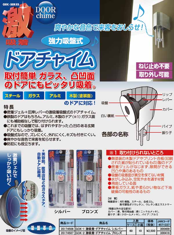  シナジー シナジー GKC-1 強力吸盤式ドアチャイム シルバー 風鈴 ドアベル