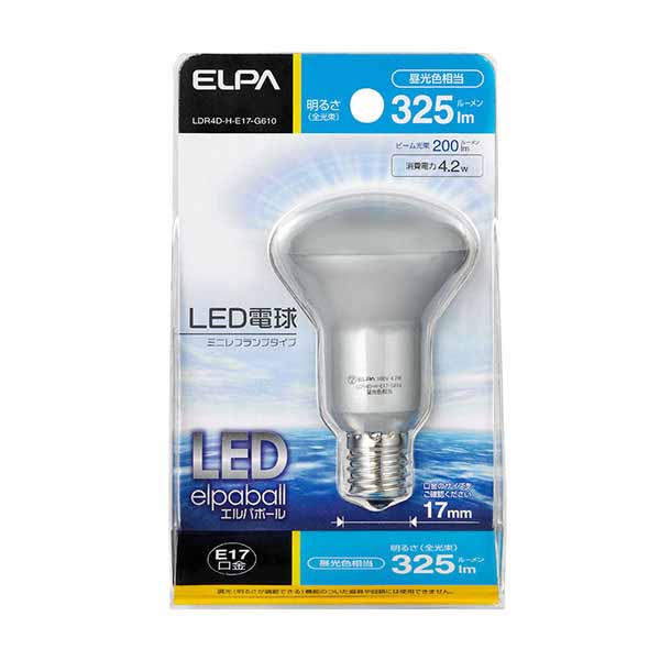  朝日電器 エルパ ELPA エルパ LDR4D-H-E17-G610 LED電球 ミニレフランプ形 4.2W 昼光色 E17口金 全光束325lm ELPA 朝日電器