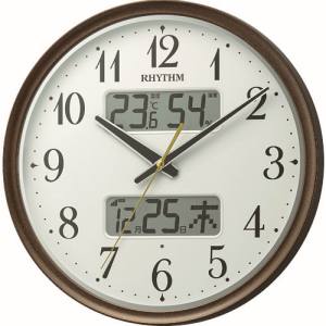 リズム RHYTHM リズム 8FYA04SR06 電波 壁掛け時計 温湿度計付き カレンダー 暗所自動点灯機能 連続秒針 ブラウン φ344x52