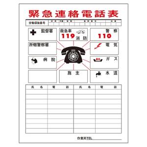 日本緑十字社 緑十字 51001 緊急連絡電話表 連絡一覧表 連絡-1 780×540mm ユポ合成紙