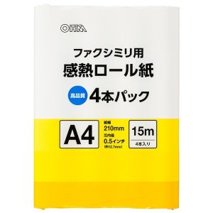 オーム電機 OHM オーム電機 OA-FTRA15Q 感熱ロール紙 ファクシミリ用 A4 芯内径0.5インチ 15m 4本パック 01-0728